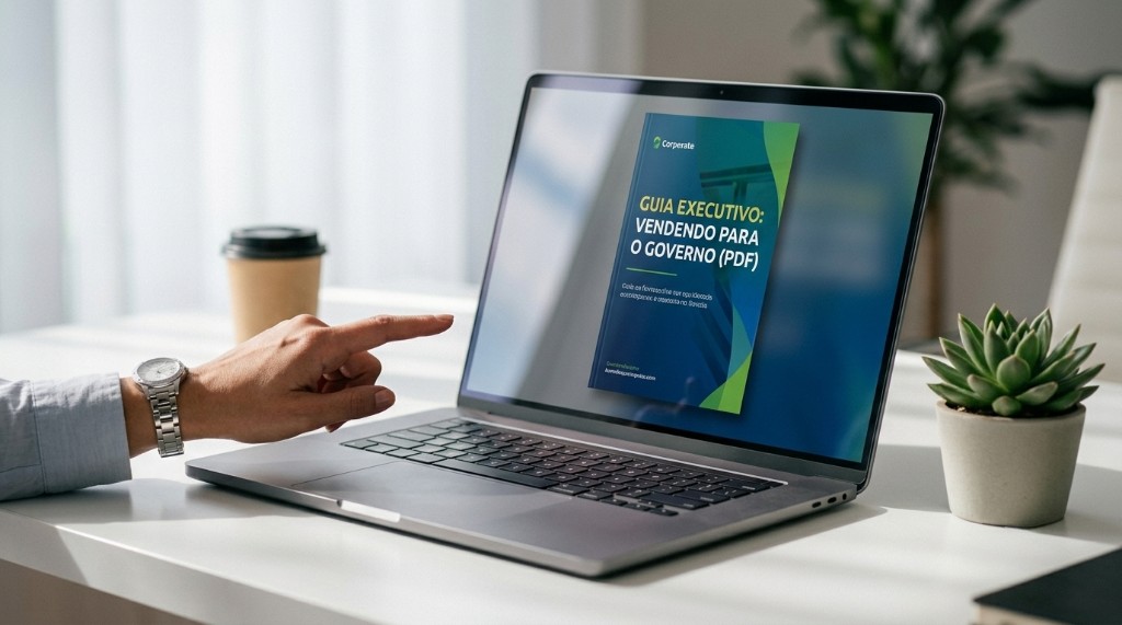 Profissional apresentando guia executivo sobre licitações em laptop