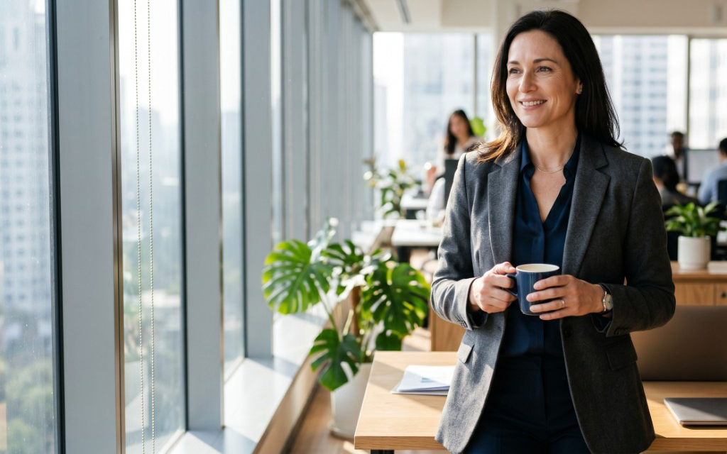 Profissional de negócios sorrindo em ambiente corporativo moderno